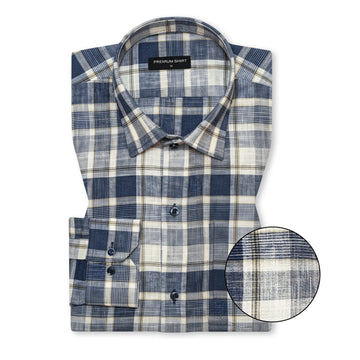 Navy Blue Check Linen Shirt For Men