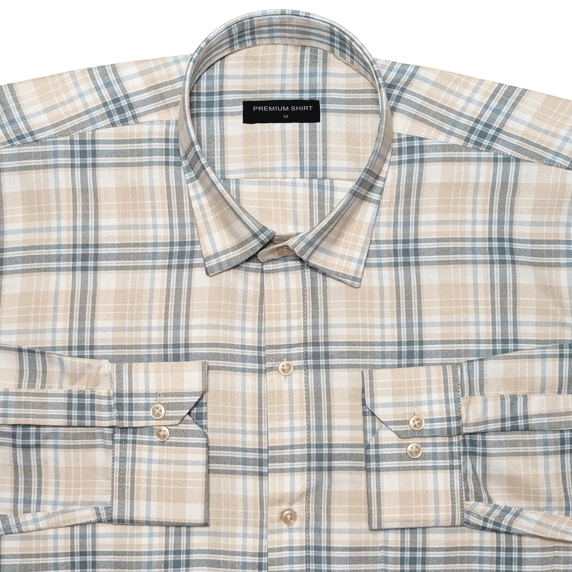 Beige & Teal Classic Check Cotton Blend Shirt for Men